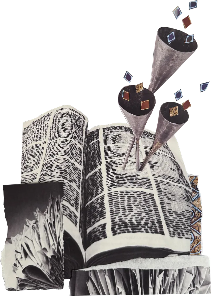 Collage: an open book with paper horns scattering diamonds